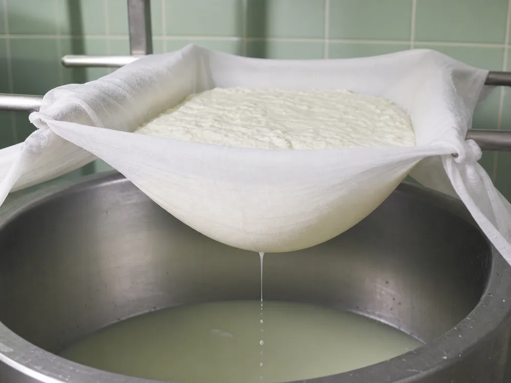 Fresh quark curd draining in muslin over a whey basin - Quark | KnowTheCheese