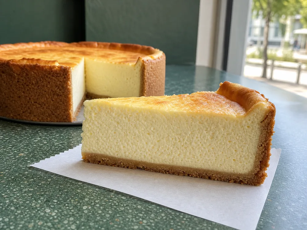 German Käsekuchen slice with a tall fine quark filling - Quark | KnowTheCheese