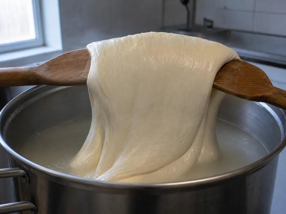 Hot Quesillo curd stretched over a stainless dairy vat - Quesillo | KnowTheCheese