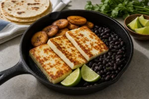 Queso blanco slabs browned in a skillet with black beans and lime - Queso Blanco cheese | KnowTheCheese