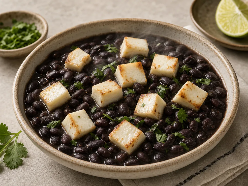 Queso blanco cubes holding their shape in warm black beans - Queso Blanco cheese | KnowTheCheese