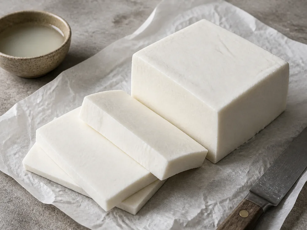 Firm queso blanco block cut into clean white slabs on parchment - Queso Blanco cheese | KnowTheCheese