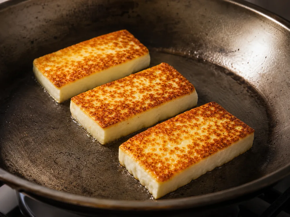 Three Queso de Freir slices browning evenly in a steel skillet
