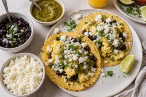 Queso fresco crumbles over tacos with black beans and salsa verde - Queso Fresco cheese | KnowTheCheese