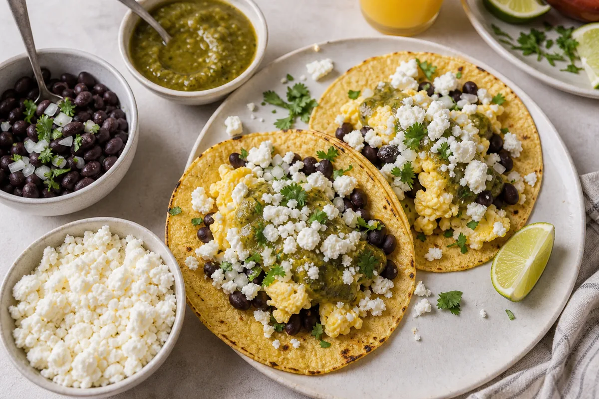 Queso fresco crumbles over tacos with black beans and salsa verde - Queso Fresco cheese | KnowTheCheese