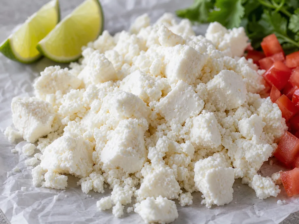 Moist irregular queso fresco crumbles on parchment with lime and tomato - Queso Fresco cheese | KnowTheCheese
