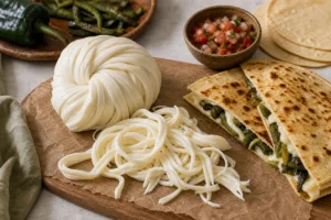 Queso Oaxaca wound ball pulled into strands beside quesadillas and poblano - Queso Oaxaca cheese | KnowTheCheese