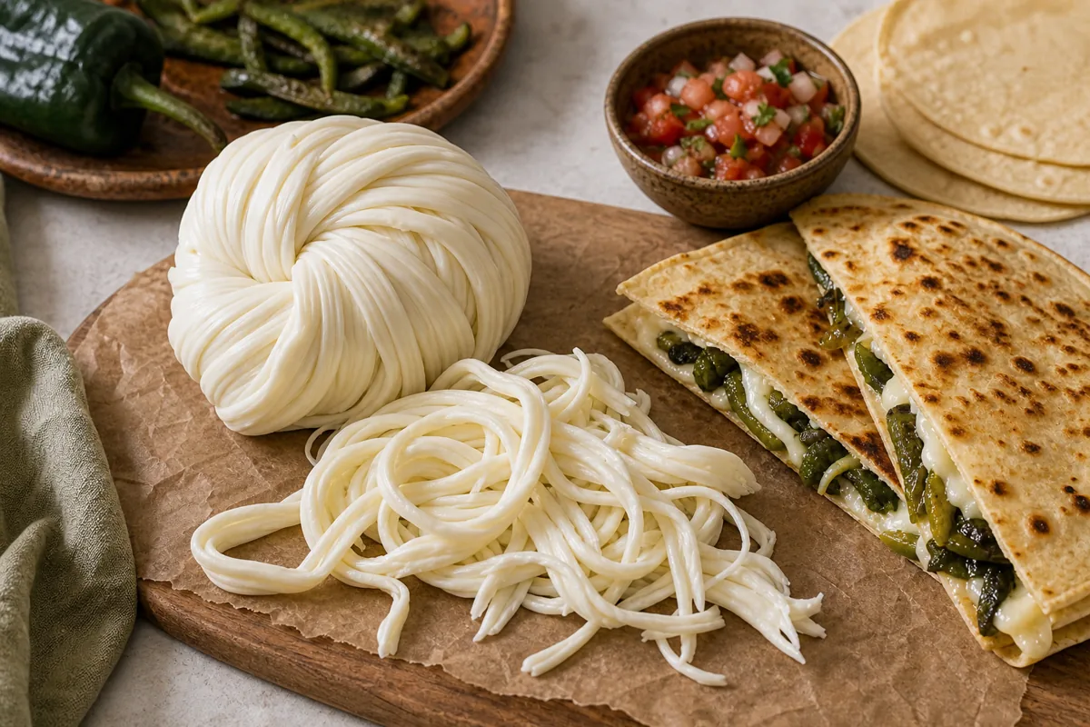 Queso Oaxaca wound ball pulled into strands beside quesadillas and poblano - Queso Oaxaca cheese | KnowTheCheese