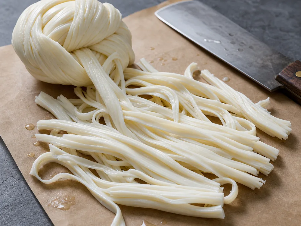 Separated queso Oaxaca strands showing rope-like structure on parchment - Queso Oaxaca cheese | KnowTheCheese