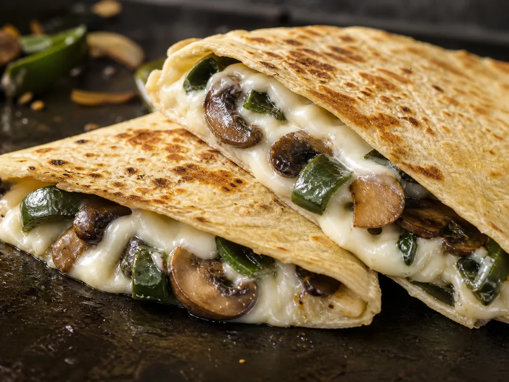 Queso Oaxaca melted in a quesadilla with mushrooms and poblano - Queso Oaxaca cheese | KnowTheCheese