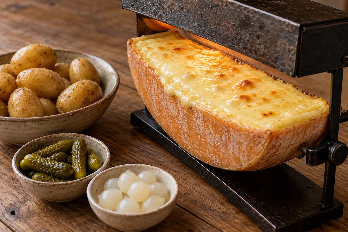 Half wheel of raclette melting under a grill beside boiled potatoes, cornichons and pickled onions - Raclette Cheese | KnowTheCheese