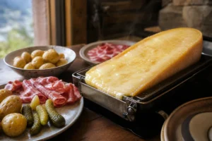 Raclette half wheel melting with potatoes and pickles - Raclette Cheese | KnowTheCheese