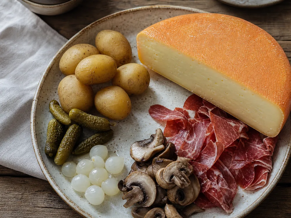 Raclette wedge with potatoes cornichons and cured meat - Raclette Cheese | KnowTheCheese