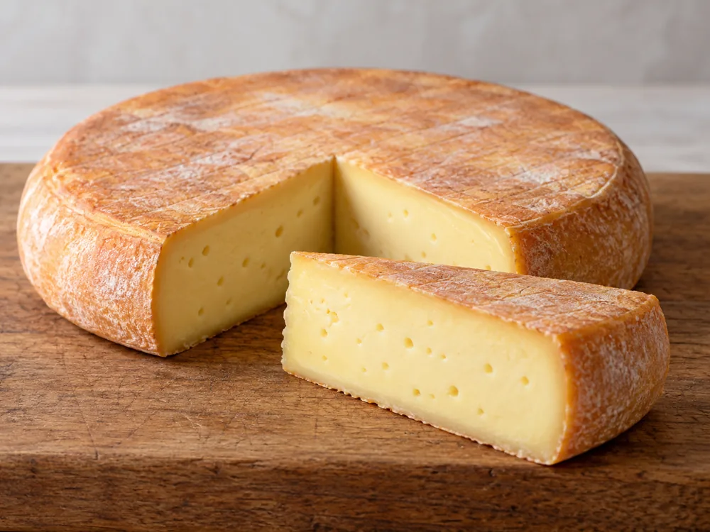 Round raclette wheel with an orange-brown rind and a cut wedge showing pale paste - Raclette Cheese | KnowTheCheese