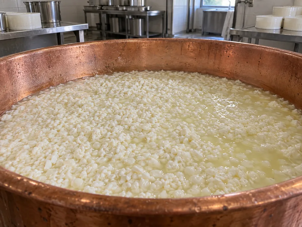 Cut curd grains in whey inside an open copper vat in a dairy - Raclette Cheese | KnowTheCheese