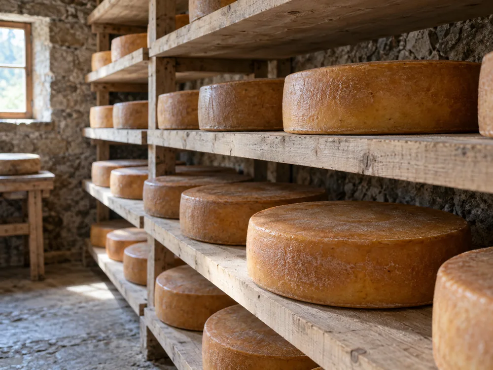 Flat round cheese wheels with brown to orange rinds resting on raw wooden boards in a stone cellar - Raclette Cheese | KnowTheCheese