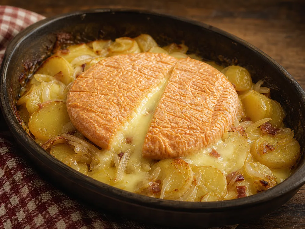 Reblochon melted rind-side up over potatoes and onions in tartiflette - Reblochon | KnowTheCheese