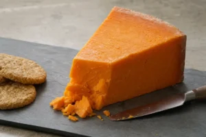 Wedge of Red Leicester with dense russet-orange paste and flaky break - Red Leicester cheese | KnowTheCheese