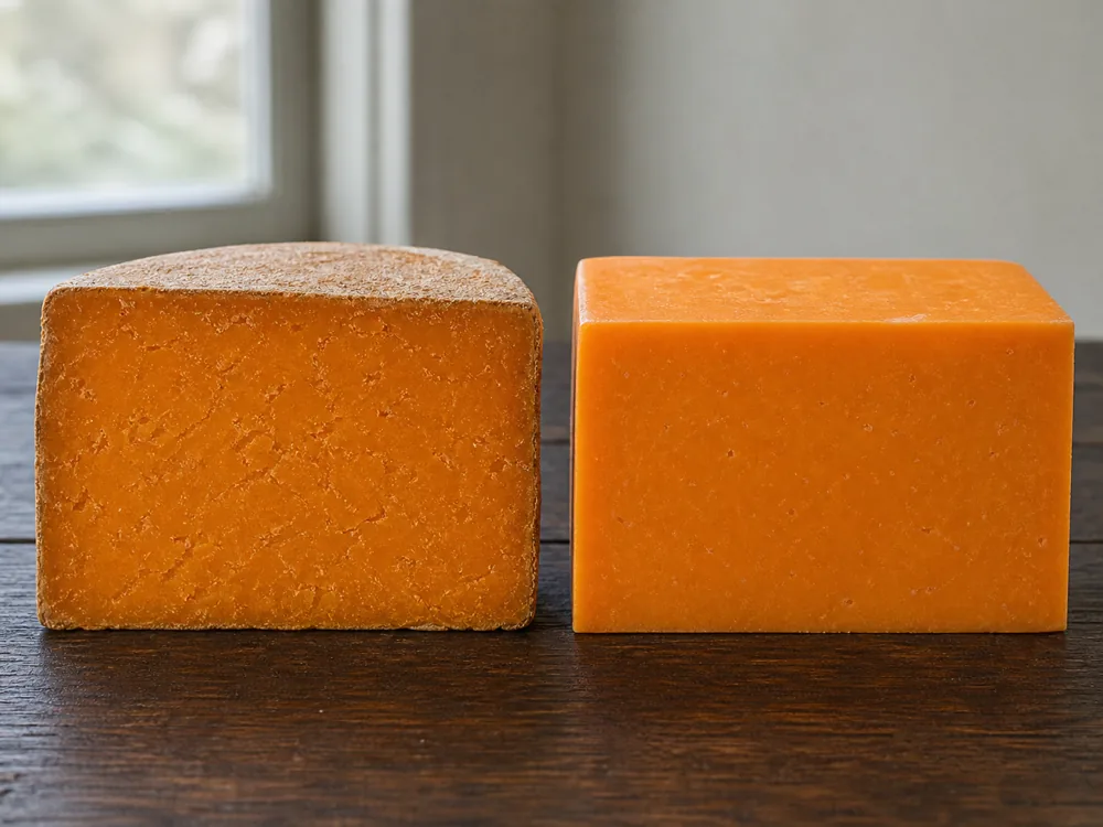 Clothbound farmhouse and rindless block Red Leicester compared by rind and texture - Red Leicester | KnowTheCheese