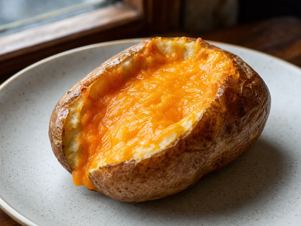 Melted Red Leicester covering a split jacket potato - Red Leicester | KnowTheCheese