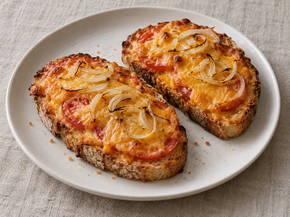 Toasted bread topped with tomato, melted orange cheese and browning onion rings - Red Leicester Cheese | KnowTheCheese