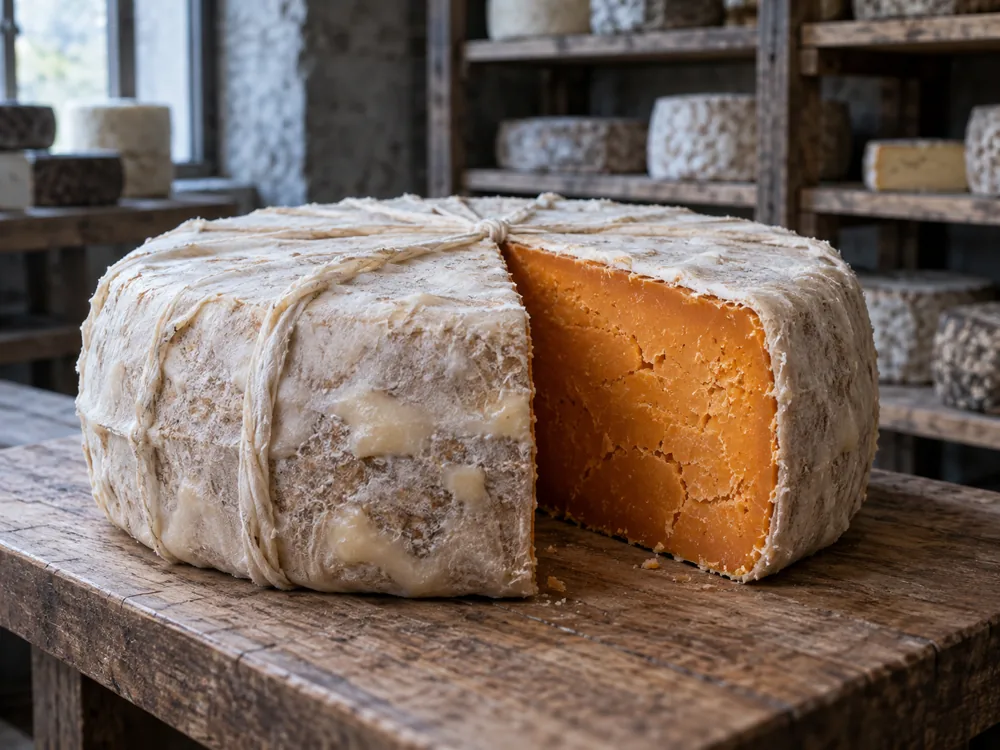 Cloth-bound wheel of farmhouse cheese with a wedge cut out showing deep orange paste - Red Leicester | KnowTheCheese