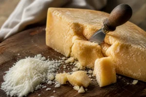 Broken wedge of hard granular Reggianito with grana knife - Reggianito cheese | KnowTheCheese