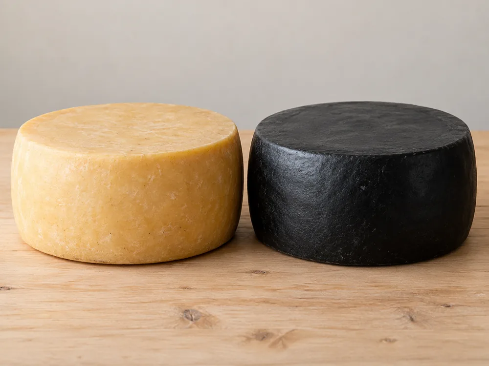 Two whole cheese wheels, one with a pale yellow rind and one with a black painted rind - Reggianito cheese | KnowTheCheese