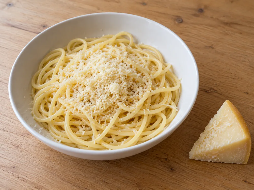 Bowl of spaghetti topped with finely grated hard cheese beside a small wedge - Reggianito cheese | KnowTheCheese