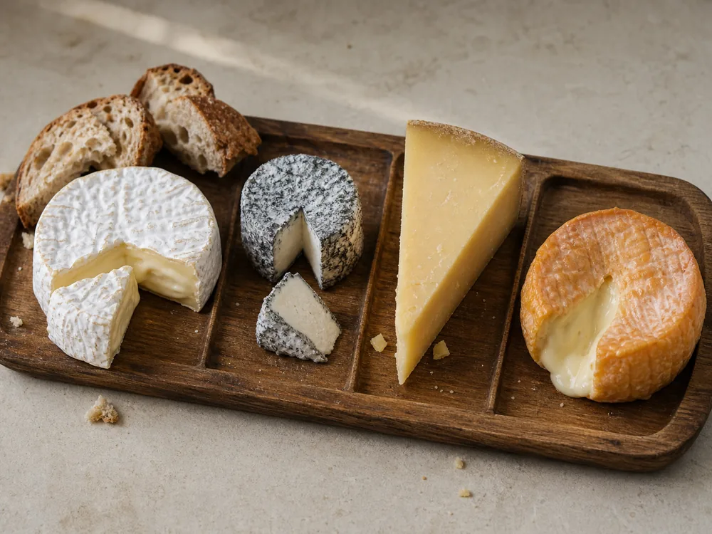French tasting board with bloomy wheel, ash goat cheese, mountain wedge, and washed-rind cheese - French cheeses region guide | KnowTheCheese