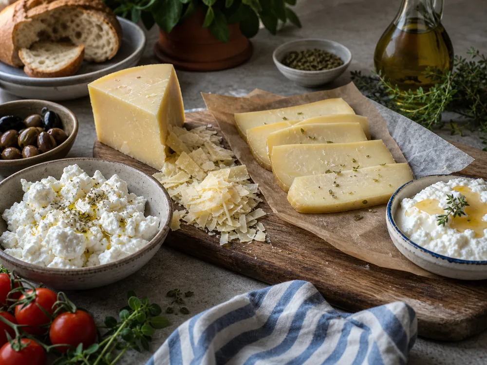 Greek cheese use lanes with feta crumbles, hard cheese shavings, kasseri slices, and fresh whey cheese - Greek cheeses region guide | KnowTheCheese