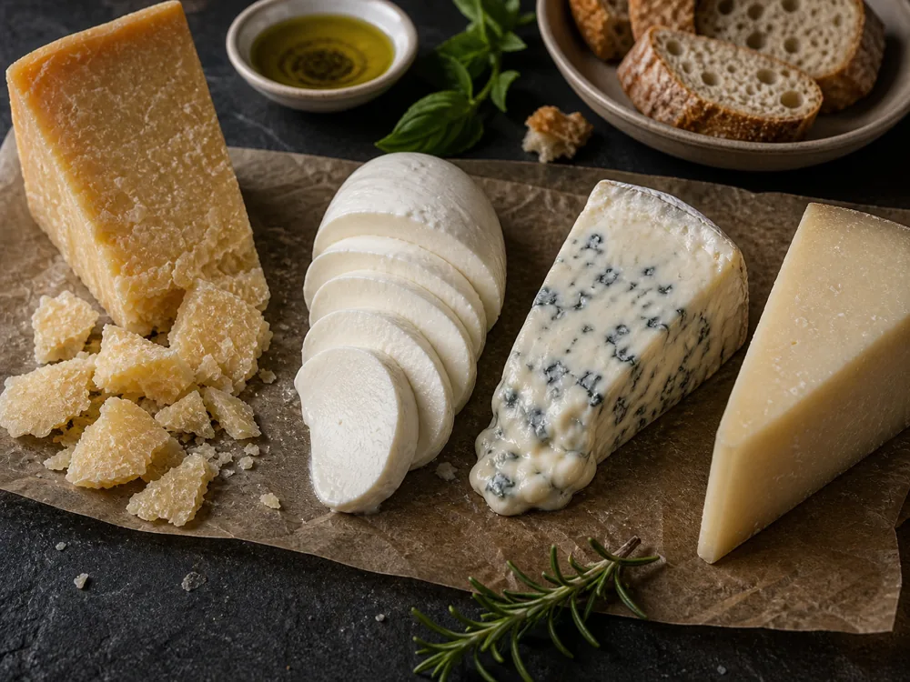 Italian cheese cooking lanes with hard grating shards, mozzarella slices, blue cheese, and sheep cheese - Italian cheeses region guide | KnowTheCheese