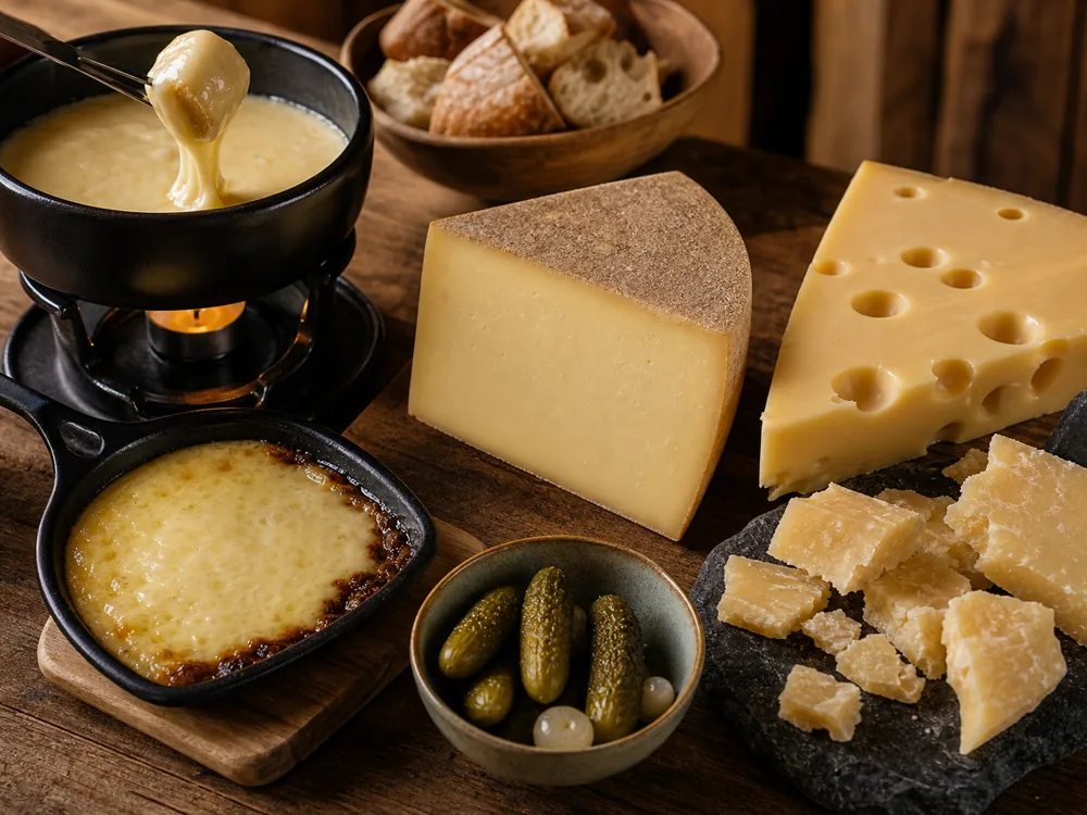 Swiss cheese heat-use setup with fondue, raclette slice, Gruyere, Emmental, and Sbrinz shards - Swiss cheeses region guide | KnowTheCheese