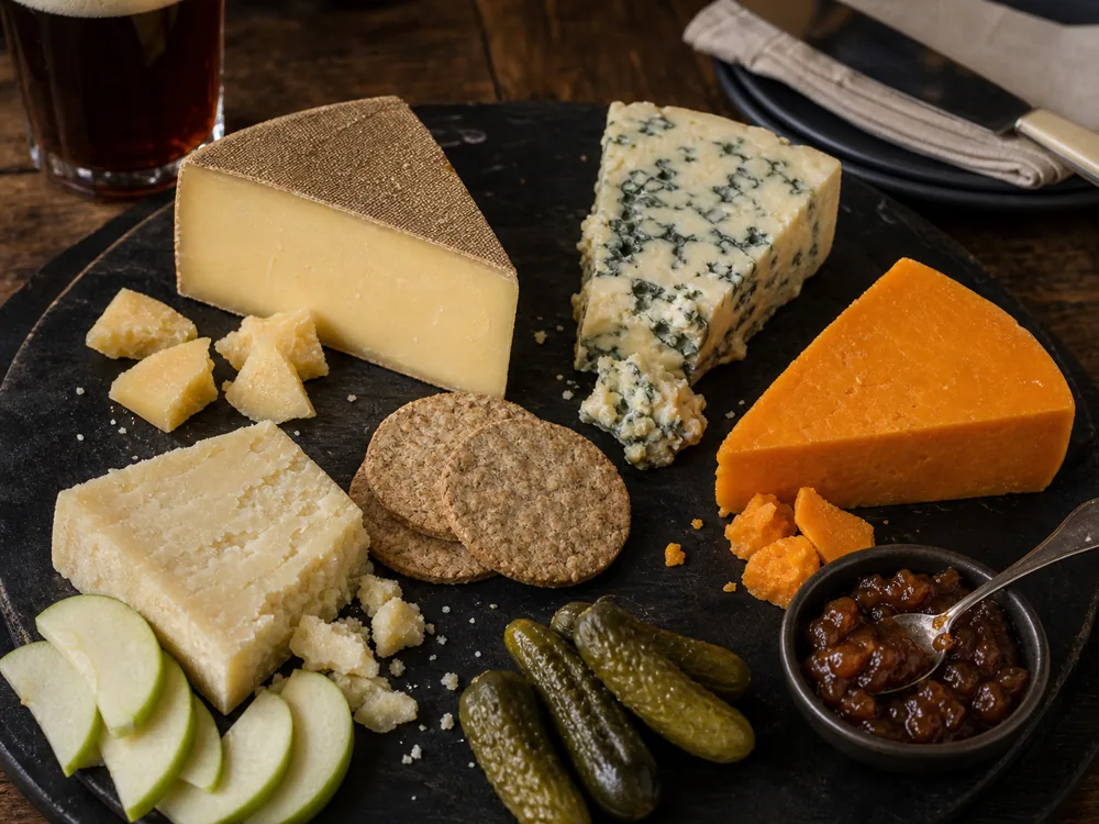British cheese board with cheddar, crumbly territorial cheese, Stilton, Red Leicester, oatcakes, apple, and chutney - British cheeses region guide | KnowTheCheese