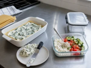 Spinach-ricotta lasagna filling and a cottage cheese meal-prep container - Ricotta vs cottage cheese | KnowTheCheese