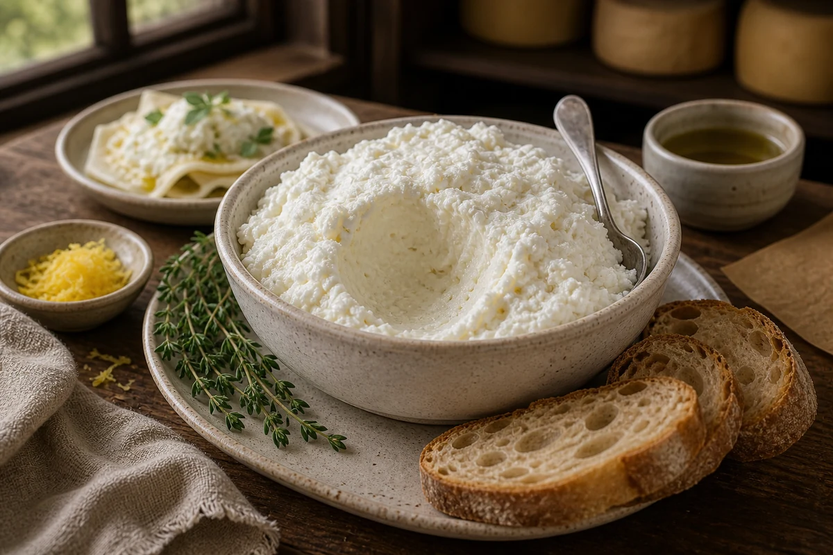 Fresh ricotta in a ceramic bowl with whey, bread, herbs, and filling context - Ricotta cheese | KnowTheCheese