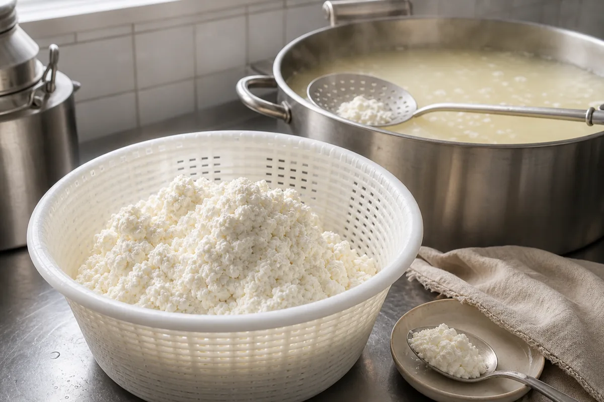 Fresh ricotta draining in a perforated basket beside warm whey and a slotted skimmer - Ricotta | KnowTheCheese