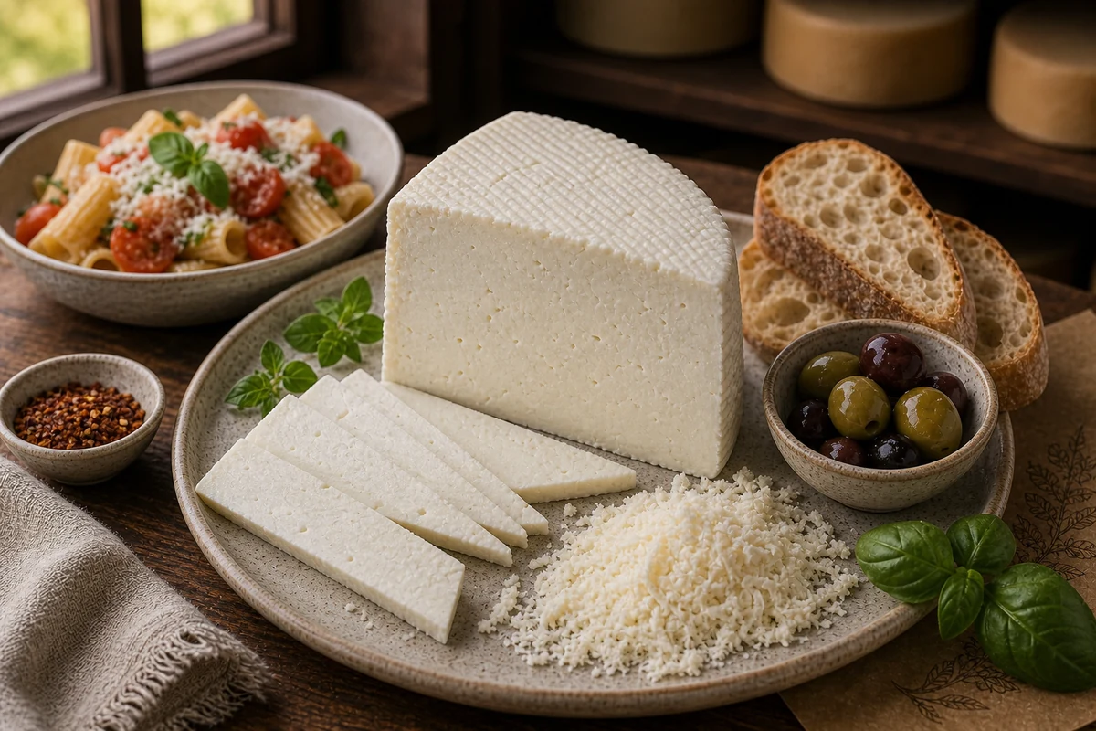 Ricotta Salata-style pressed white wedge with slices, grated cheese, pasta, and olives - Ricotta Salata | KnowTheCheese