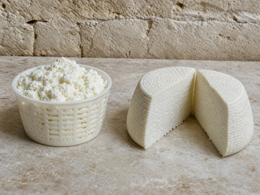 Fresh ricotta curds beside a pressed Ricotta Salata wheel - Ricotta Salata | KnowTheCheese