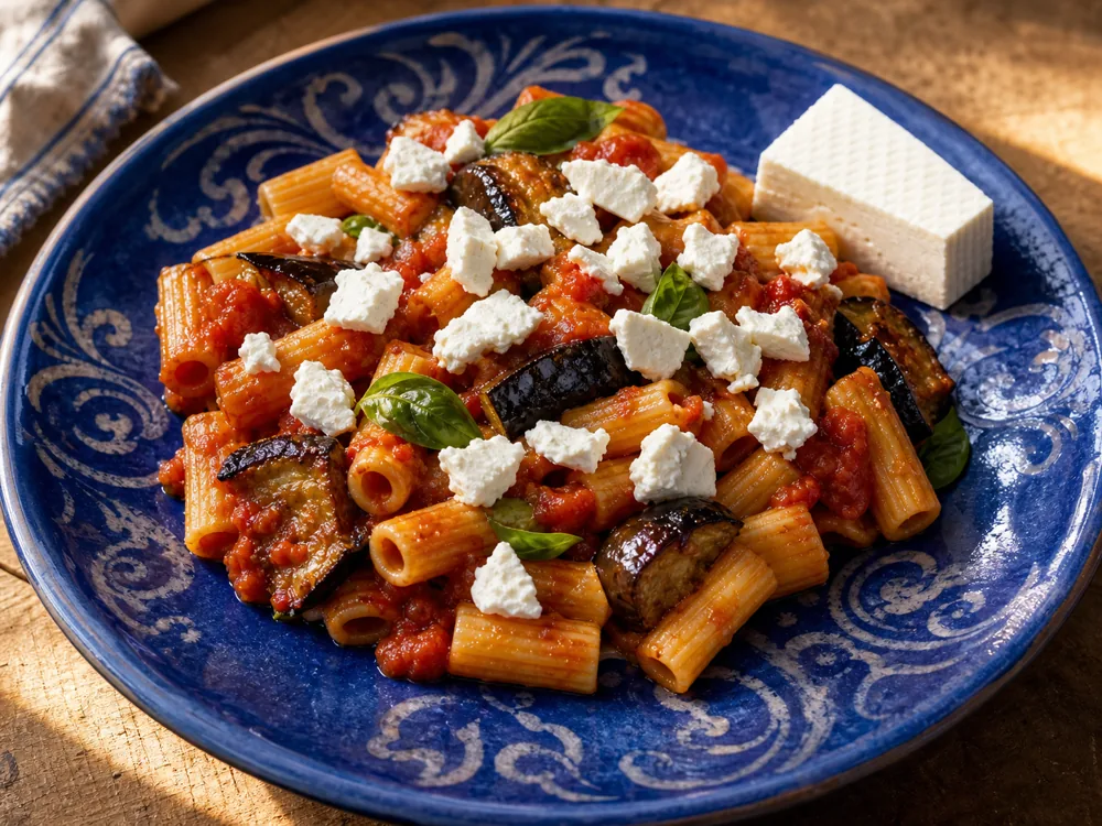 Ricotta Salata crumbled over pasta alla Norma - Ricotta Salata | KnowTheCheese
