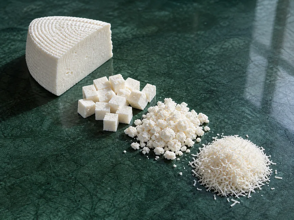Ricotta Salata cut into cubes, crumbles, and fine grated shavings - Ricotta Salata | KnowTheCheese