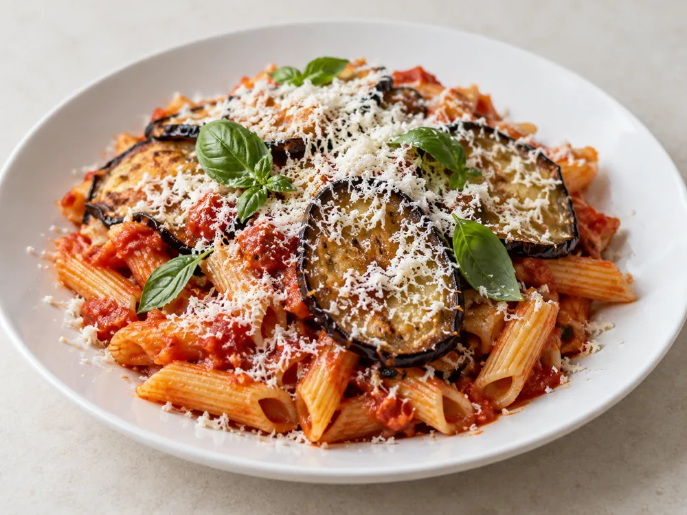 Penne in tomato sauce with fried eggplant slices, grated white cheese and basil - Ricotta Salata | KnowTheCheese