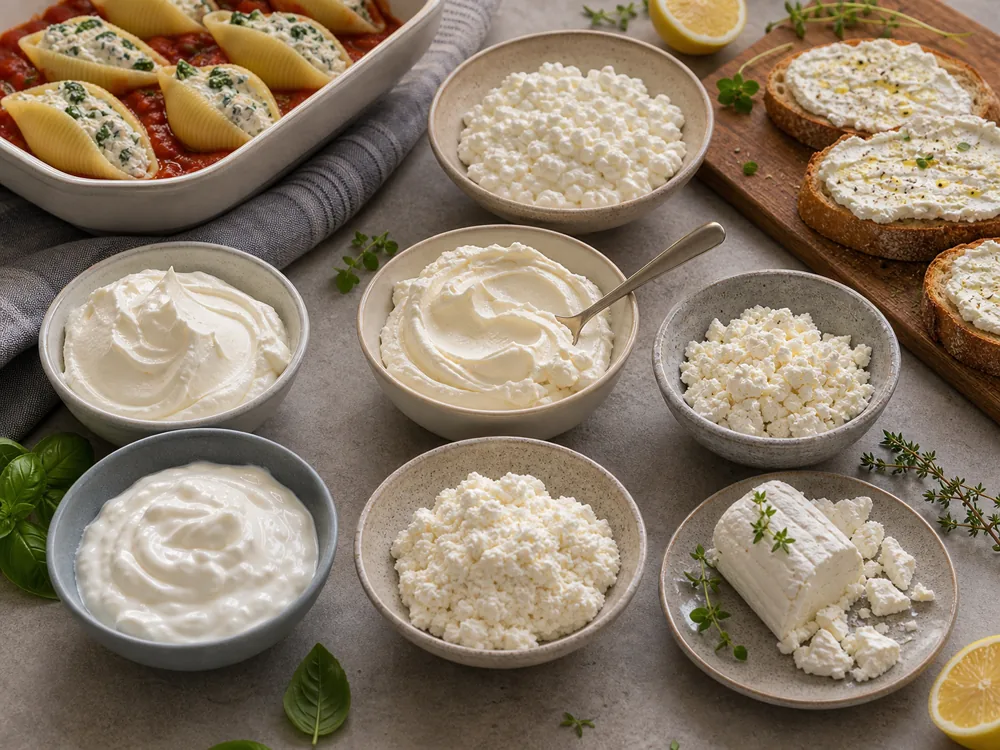 Ricotta substitute bowls with curds, cream, spread, goat cheese, toast, and stuffed pasta - Ricotta substitutes | KnowTheCheese