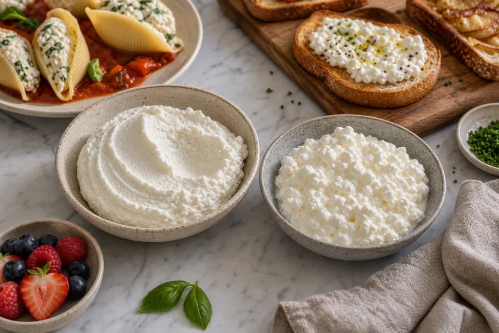 Ricotta and cottage cheese bowls with toast and stuffed pasta.