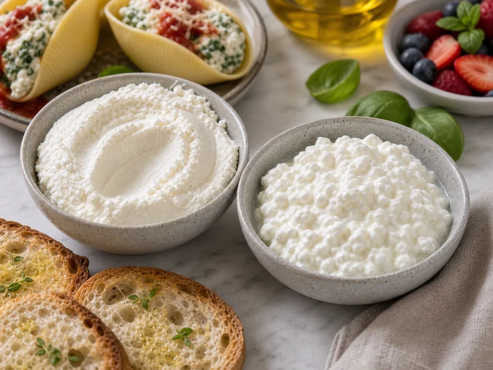 Smooth ricotta and curdy cottage cheese in separate bowls.