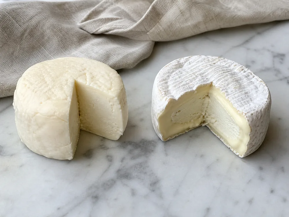 Fresh rindless Robiola beside a cut bloomy-rind Robiola round