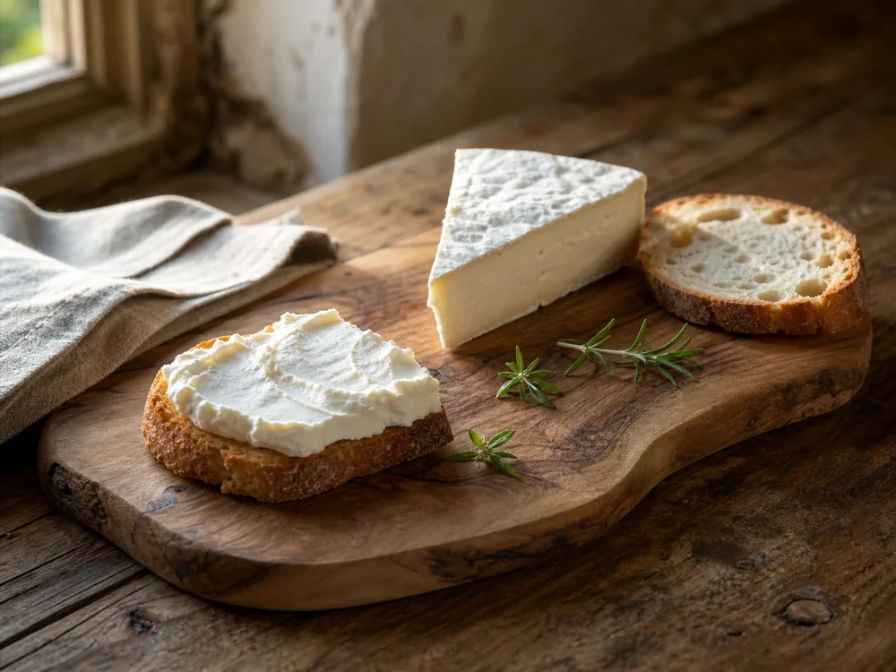 Fresh Robiola on crostino beside a bloomy Robiola wedge and bread