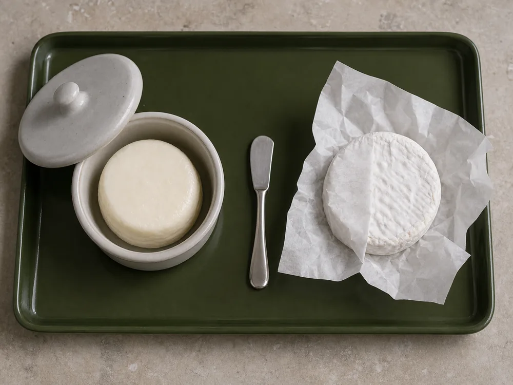 Fresh Robiola in a ceramic crock beside a bloomy Robiola wrapped in cheese paper - Robiola | KnowTheCheese