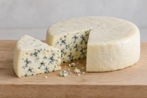 Ivory cylinder of blue cheese with a wedge cut out showing blue-green veins - Roquefort | KnowTheCheese