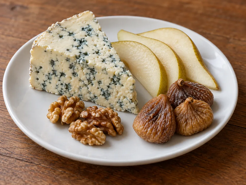 Blue cheese wedge with pear slices, walnut halves and dried figs on a white plate - Roquefort | KnowTheCheese